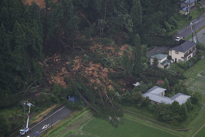 Record rainfall in Akita The site of a landslide involving a house, photographed at 4:46 p.m. on July 15, 2023, in Akita City, Japan, by Akihiro Ogome from the head office helicopter.