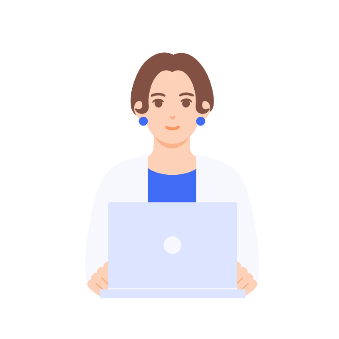 Career woman operating a computer. Vector illustration of a smiling woman.