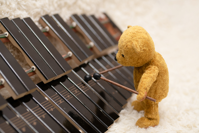 Bear playing xylophone in a sewing package