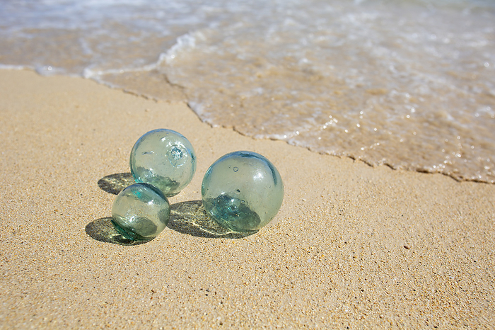 Maui, Hawaii Three, glass Japanese fishing balls  floats  on the wet sand of the beach at the foamy, water s edge on the North Shore of Maui  Paia, Maui, Hawaii, United States of America, by Ron Dahlquist   Design Pics