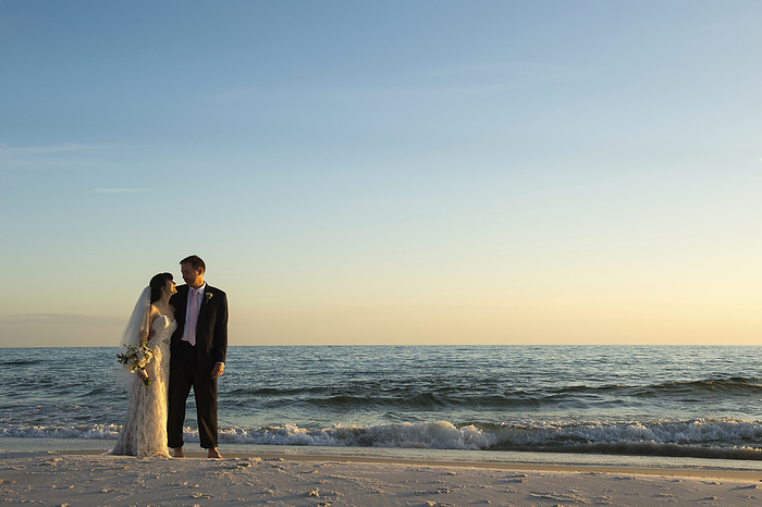 Bride and groom on a beach in Florida; Panama City Beach, Florida, United States of America, by Joel Sartore Photography / Design Pics