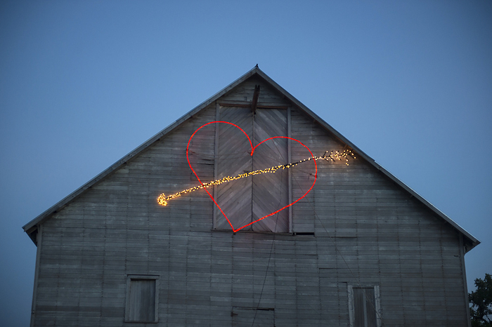 Heart shape made from light trail on a barn; Genoa, Nebraska, United States of America, by Joel Sartore Photography / Design Pics