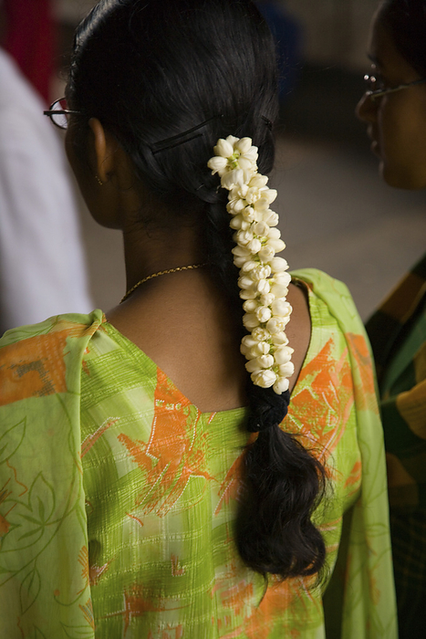India Woman with jasmine flowers in her hair at the Meenakshi Temple  Madurai, Tamil Nadu, India, by Michael Melford   Design Pics