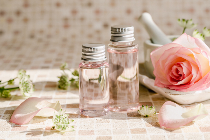 Image material of pink cosmetics and aroma oil