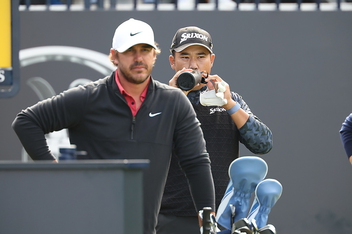 2023 British Open, Day 1  L R  United States  Brooks Koepka and Japan s Hideki Matsuyama during the day 1 of the 2023 British Open Golf Championship at the Royal Liverpool Golf Club in Wirral, England, on July 20, 2023.  Photo by Koji Aoki AFLO SPORT  