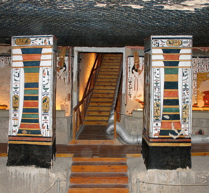 Wall painting showing, Osiris, the god of the afterlife, underworld, and rebirth, in ancient Egyptian religion The Djed pillar a symbol in Ancient Egypt, representing stability. It is associated with the creator god Ptah and Osiris. Wall painting in the Egyptian god of the afterlife, the underworld, and the dead Wall Painting Inside the tomb  QV66  of Nefertari, in Egypt s Valley of the Queens. It was discovered by Ernesto Schiaparelli in 1904. It is called the Sistine Chapel of Ancient Egypt. In the Valley of the Queens, Nefertari s tomb once held the mummified body and representative symbolisms of her, like what most Egyptian tombs consisted of. Now, everything had been looted except for two thirds of the 5,200 square feet of wall paintings. ca. 1255 BC