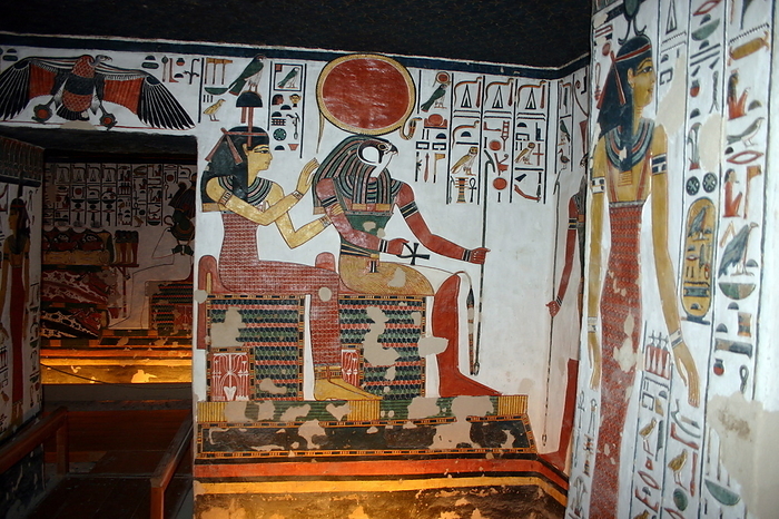 Wall Painting depicting, Nefertari and the God, Ptah. Inside the tomb  QV66  of Nefertari Wall Painting depicting, Nefertari and the God, Ra Harachte. Inside the tomb  QV66  of Nefertari, Great Wife of Pharaoh Ramesses II, in Egypt s Valley of the Queens. It was discovered by Ernesto Schiaparelli in 1904. It is called the Sistine Chapel of Ancient Egypt. In the Valley of the Queens, Nefertari s tomb once held the mummified body and representative symbolisms of her, like what most Egyptian tombs consisted of. Now, everything had been looted except for two thirds of the 5,200 square feet of wall paintings. ca. 1255 BC