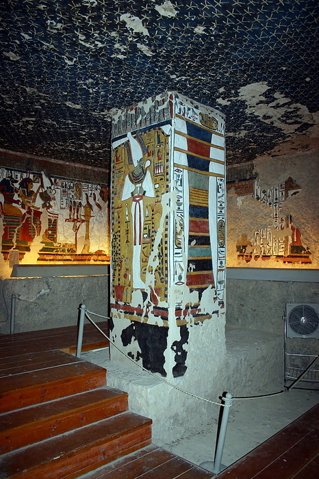 Wall Painting inside the tomb  QV66  of Nefertari, in Egypt s Valley of the Queens The Djed pillar a symbol in Ancient Egypt, representing stability. It is associated with the creator god Ptah and Osiris. Wall painting in the Egyptian god of the afterlife, the underworld, and the dead Wall Painting Inside the tomb  QV66  of Nefertari, in Egypt s Valley of the Queens. It was discovered by Ernesto Schiaparelli in 1904. It is called the Sistine Chapel of Ancient Egypt. In the Valley of the Queens, Nefertari s tomb once held the mummified body and representative symbolisms of her, like what most Egyptian tombs consisted of. Now, everything had been looted except for two thirds of the 5,200 square feet of wall paintings. ca. 1255 BC