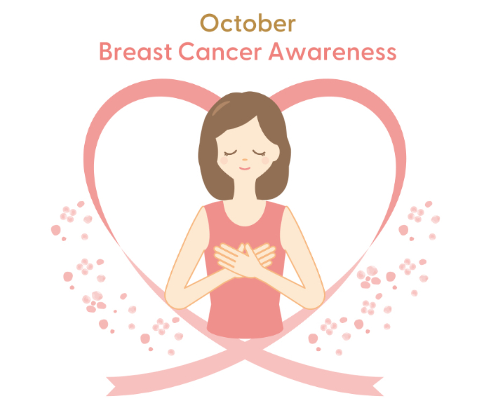 Illustration for Breast Cancer Early Detection Campaign and Pink Ribbon Campaign (Woman hugging her breast)