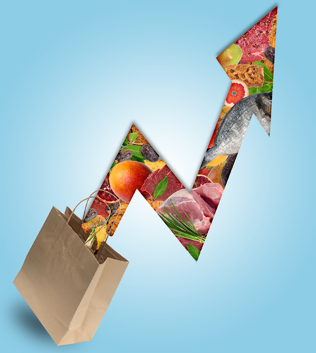 Brown paper kraft bag and levitating vegetables, fruits, meat, and fish in the shape of an upward arrow. Concept of food price increase Brown paper kraft bag and levitating vegetables, fruits, meat, and fish in the shape of an upward arrow. Concept of food price increase