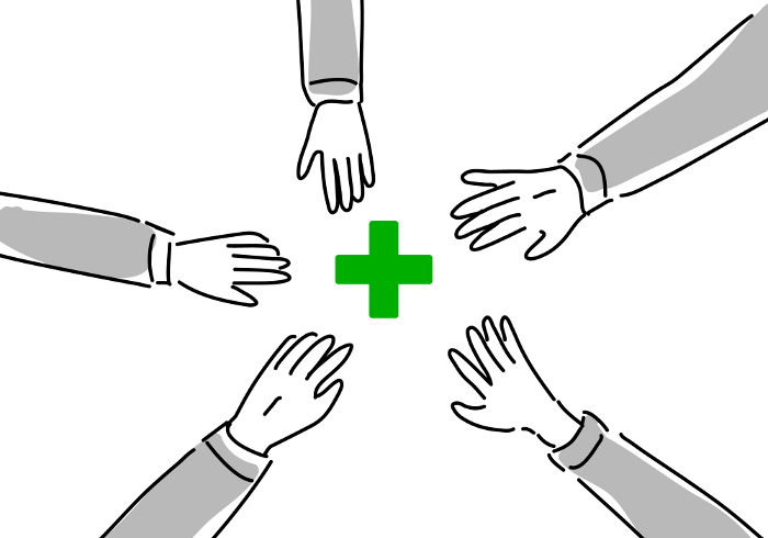 Simple line drawing of people in work clothes forming a circle with their hands