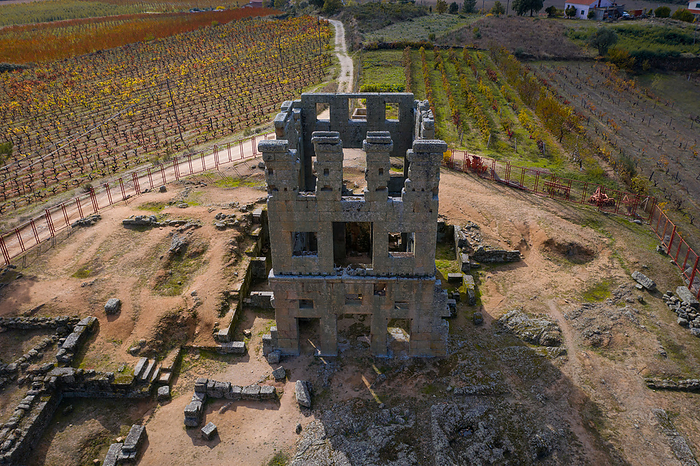 Centum Cellas mysterious ancient tower drone aerial view in Belmonte, Portugal, by Zoonar/Luis Pina