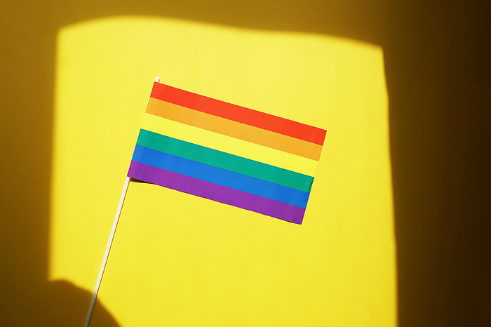 rainbow flag gay or lgbt pride symbol against yellow background with shadow frame rainbow flag gay or lgbt pride symbol against yellow background with shadow frame, by Zoonar Axel Bueckert