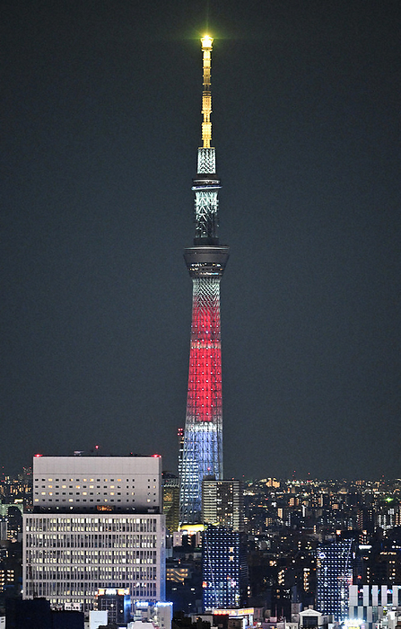 Tokyo Sky Tree lit up in special colors to coincide with the one year anniversary of the opening of the Paris Olympics. Tokyo Sky Tree lit up in special colors to coincide with the one year anniversary of the opening of the Paris Olympics in Bunkyo Ward, Tokyo, July 26, 2023  Photo by Kengo Miura 