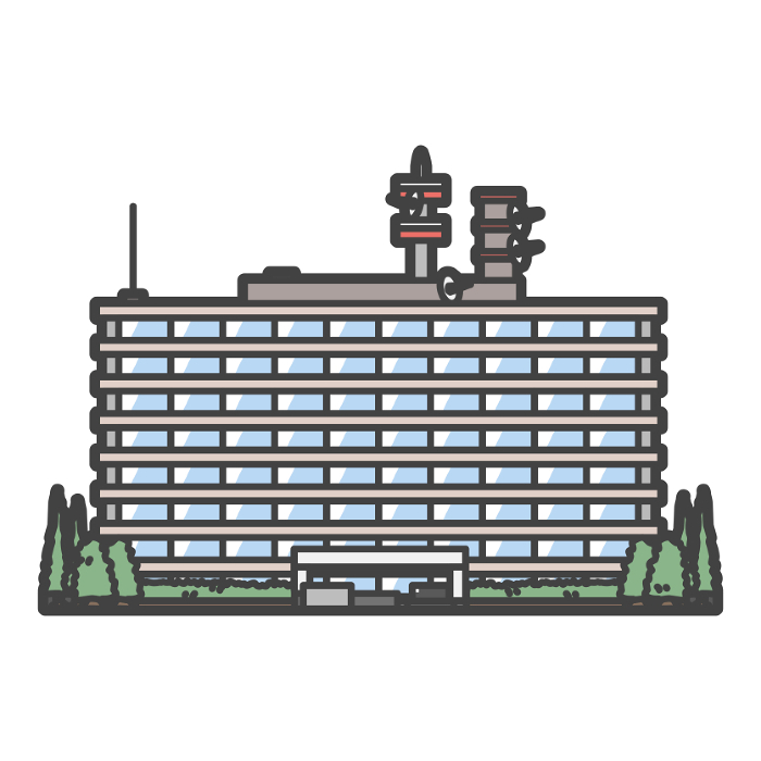 Illustration of a building of government offices, Ministry of Land, Infrastructure, Transport and Tourism, and Civil Aviation Bureau, where civil servants work.