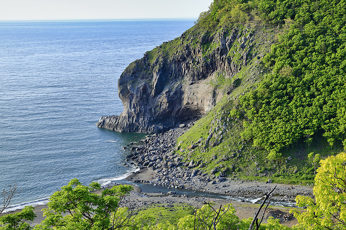 Mouth of the Iwaobetsu River and rock wall In Shari Town