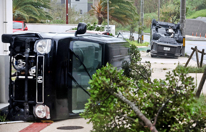 Typhoon  Carnun   Typhoon No. 6  Car overturned by strong winds. A car overturned by strong winds caused by Typhoon No. 6 in Kitanakagusuku Village, Okinawa Prefecture, Japan, August 2, 2023  photo by Shinnosuke Kyanabu 