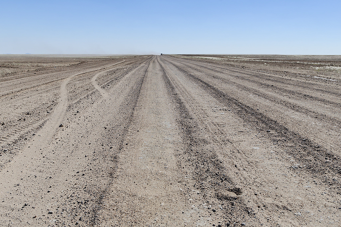 Landscape with straight road to the horizon and oncoming traffic, Namibia, Africa. Landscape with straight road to the horizon and oncoming traffic, Namibia, Africa.