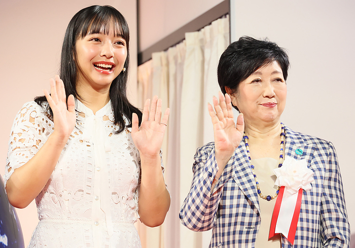 Tokyo Governor Yuriko Koike and actress Suzu Yamanouchi attend the opening of a craftmanship exhibition August 4, 2023, Tokyo, Japan   Japanese actress Suzu Yamanouchi  L  and Tokyo Governor Yuriko Koike  R  attend the opening ceremony of an annual traditional craftwork exhibition  Monozukuri   A Celebration of Japanese Artisanal Techniques  in Tokyo on Friday, August 4, 2023. The exhibition organized by Tokyo Metropolitan Government to exhibit craftsmanship and cutting edge manufacturing skills will be held through August 6.   photo by Yoshio Tsunoda AFLO 