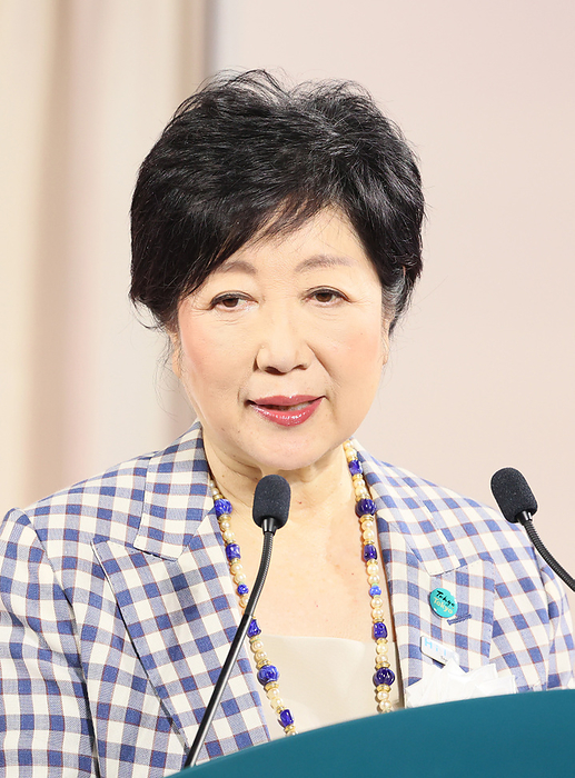 Tokyo Governor Yuriko Koike and actress Suzu Yamanouchi attend the opening of a craftmanship exhibition August 4, 2023, Tokyo, Japan   Tokyo Governor Yuriko Koike delivers a speech at the opening ceremony of an annual traditional craftwork exhibition  Monozukuri   A Celebration of Japanese Artisanal Techniques  in Tokyo on Friday, August 4, 2023. The exhibition organized by Tokyo Metropolitan Government to exhibit craftsmanship and cutting edge manufacturing skills will be held through August 6.   photo by Yoshio Tsunoda AFLO 