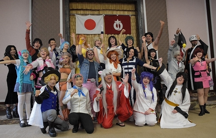 Governor Hideaki Omura dressed as the main character from the anime  Inuyasha. Governor Hideaki Omura  front row, center  cosplaying as the main character of the anime  Inuyasha  and cosplayers from various countries participating in the  World Cosplay Summit 2023  at Aichi Prefectural Government in Naka ku, Nagoya City at 10:31 a.m. on August 2, 2023  photo by Shiho Sakai 