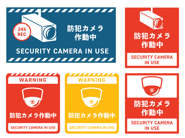 Security camera in operation sticker/poster template design set