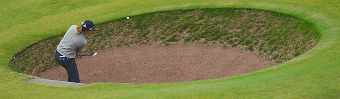 2023 Scottish Women s Open, Day 3  Scottish Open Hisako Shibuno shoots a bunker shot on the 12th in the third round, photo date 20230805.