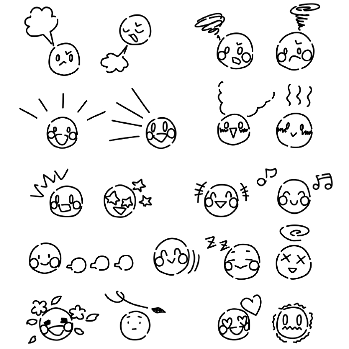 Line drawing set combining various comic notes with face icons