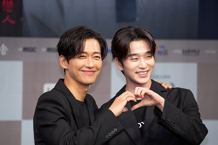 Press conference for MBC TV drama  My Dearest  in Seoul Namkoong Min and Kim Yun Woo, August 4, 2023 : Cast members Namkoong Min  L  and Kim Yun Woo attend a press conference for MBC TV drama  My Dearest  at MBC in Seoul, South Korea. The new drama revolves around two lovers during the Qing invasion of Joseon in the 17th century.  Photo by Lee Jae Won AFLO   SOUTH KOREA 