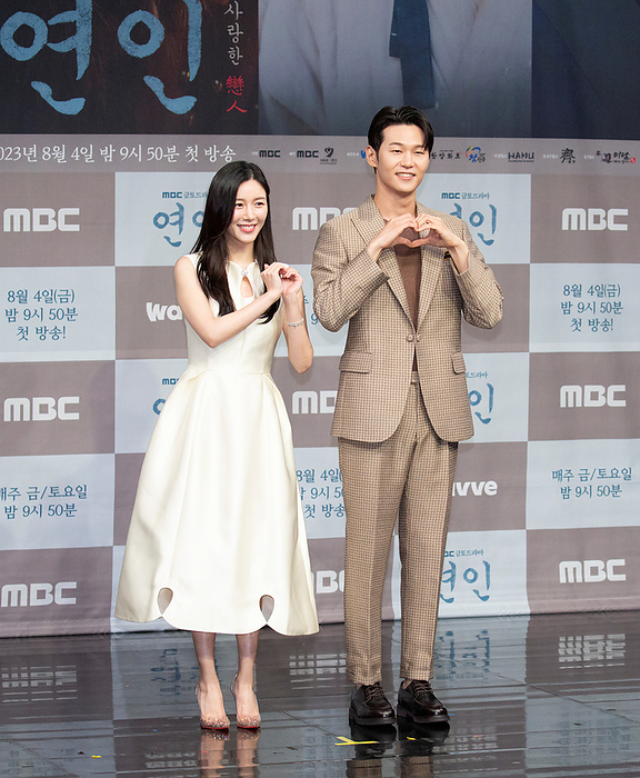 Press conference for MBC TV drama  My Dearest  in Seoul Lee Da In and Lee Hak Joo, August 4, 2023 : Cast members Lee Da In  L  and Lee Hak Joo attend a press conference for MBC TV drama  My Dearest  at MBC in Seoul, South Korea. The new drama revolves around two lovers during the Qing invasion of Joseon in the 17th century.  Photo by Lee Jae Won AFLO   SOUTH KOREA 