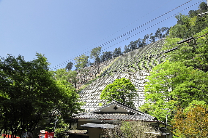 Completion of work to control steep slopes damaged by a landslide caused by torrential rains on July 8, 2020 Kyoto City, Kyoto Prefecture Taken near Kibune guchi between Ichihara Station and Kibune guchi Station