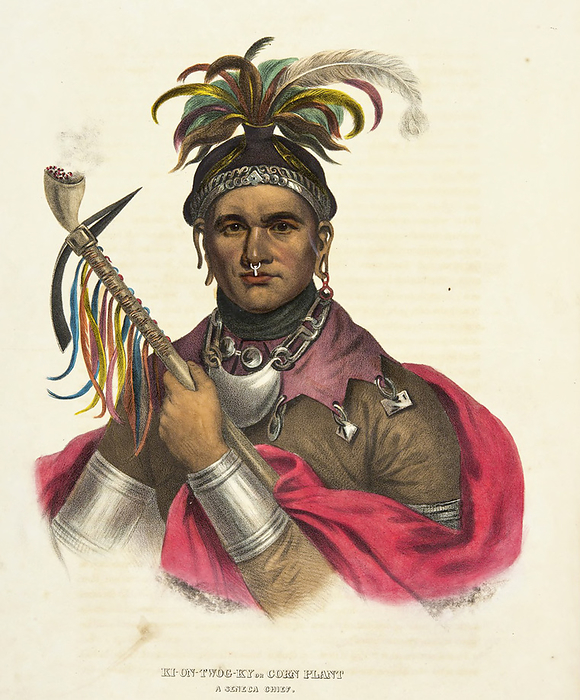 Kiontwogky, Seneca Chief, illustration Kiontwogky, or Corn Plant, a Seneca Chief, with a peace pipe. Illustration from the book  History of the Indian Tribes of North America with biographical sketches and anecdotes of the principal Chiefs , Volume 1 of 3, by Thomas Loraine, McKenney and James Hall. Published in 1838., by PHOTOSTOCK ISRAEL SCIENCE PHOTO LIBRARY