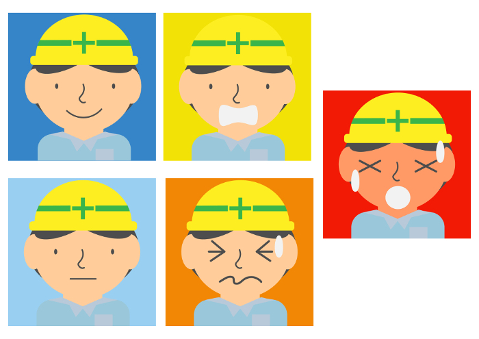 Set of illustrations of various facial expressions of a man at a construction site of heat index (WBGT)