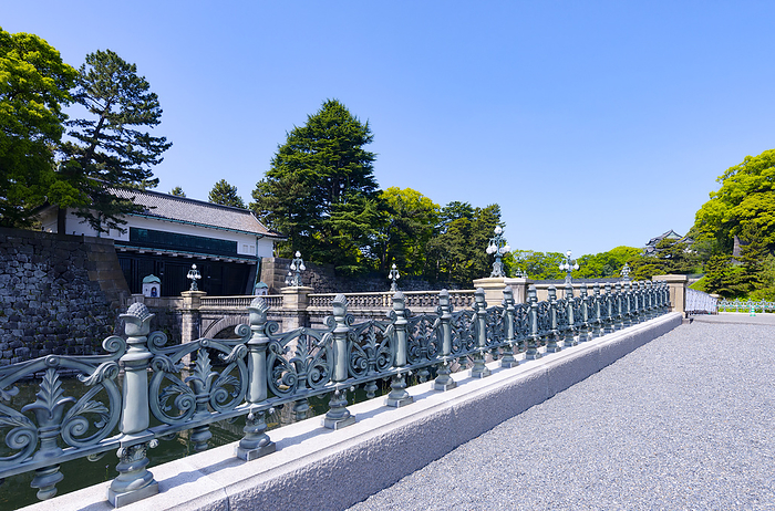 Tall railings in front of the Nijubashi Bridge and the stone bridge at the main gate of the Imperial Palace Chiyoda-ku, Tokyo