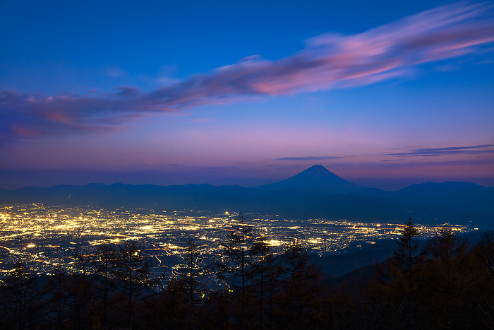 Mt. Amari, Yamanashi, Japan Mt. Fuji over the night view of the Kofu Basin from Mt.