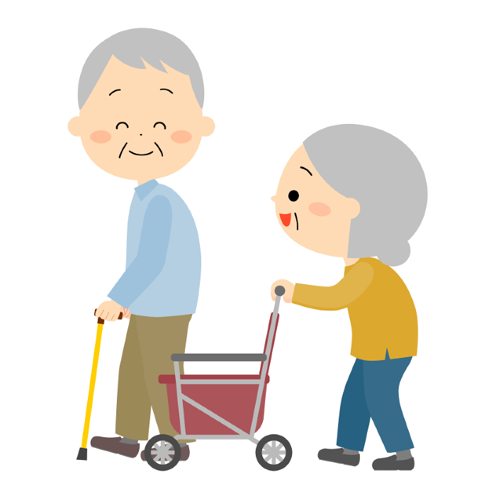 An elderly couple walking while conversing