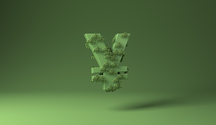 Yen or Yuan sign covered with green plants against green background