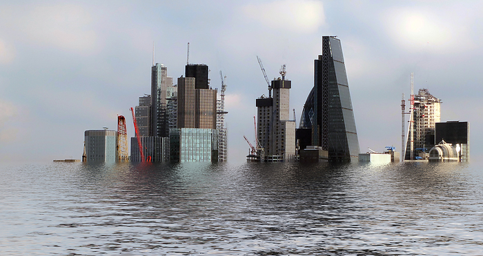manipulated conceptual image of the city of london area flooded due to global warming and rising sea levels manipulated conceptual image of the city of london area flooded due to global warming and rising sea levels