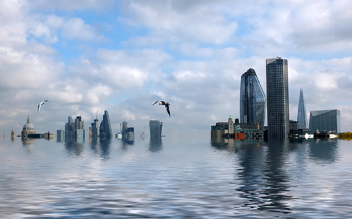 manipulated conceptual image of the city of london with buildings flooded due to global warming and rising sea levels and gulls manipulated conceptual image of the city of london with buildings flooded due to global warming and rising sea levels and gulls