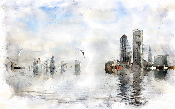 watercolor conceptual image of the city of london with buildings flooded due to global warming and rising sea levels and gulls watercolor conceptual image of the city of london with buildings flooded due to global warming and rising sea levels and gulls