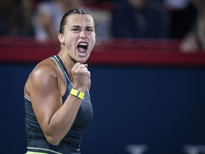 WTA Tennis   Montreal Aryna Sabalenka of Belarus reacts during her match against Petra Martic of Croatia at the National Bank Open at Stade IGA on August 9, 2023 in Montreal, Canada. Photo by Mathieu Belanger AFLO 