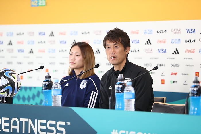 Japan national team training session Japan s head coach Futoshi Ikeda, right, and Fuka Nagano attend a press conference ahead of the FIFA Women s World Cup 2023 Quarter Finals match against Sweden at Eden Park in Auckland, New Zealand on August 10, 2023.  Photo by JFA AFLO 
