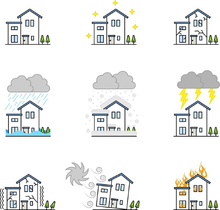 Clip art set of house receiving disaster