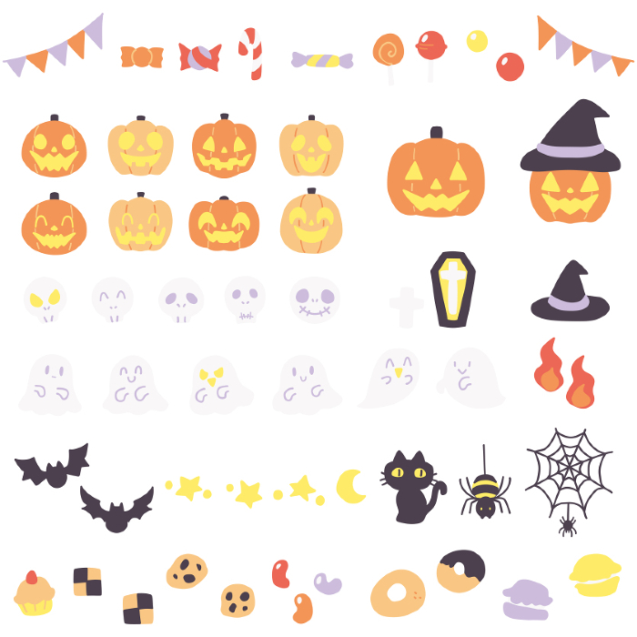 Cute deformed Halloween accessories color illustration set