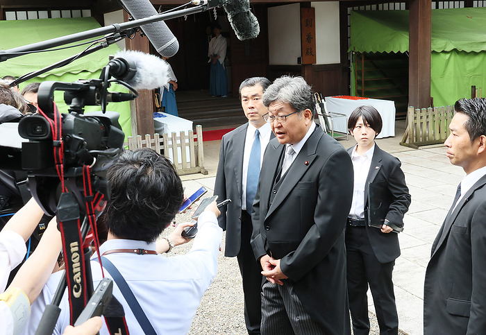 Japan marked the 78th anniversary of its surrender of WWII August 15, 2023, Tokyo, Japan   Japan s ruling Liberal Democratic Party  LDP  policy speaker Koichi Hagiuda speaks to reporters after he honored war victims at the controversial Yasukuni shrine in Tokyo on Tuesday, August 15, 2023. Japan marked the 78th anniversary of its surrender of WWII.    photo by Yoshio Tsunoda AFLO 