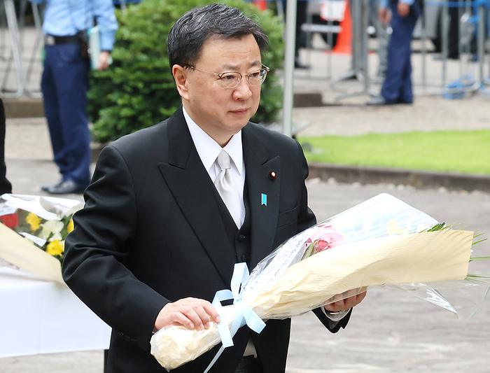Japan marked the 78th anniversary of its surrender of WWII August 15, 2023, Tokyo, Japan   Japanese Chief Cabinet Secretary Hirokazu Matsuno offers a flower bouquet for war victims at the Chidorigafuchi National Cemetery in Tokyo on Tuesday, August 15, 2023. Japan marked the 78th anniversary of its surrender of WWII.    photo by Yoshio Tsunoda AFLO 
