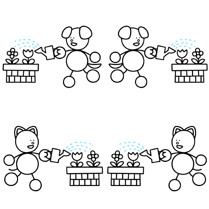 Line drawing set of Wan-maru and Nyan-maru watering flowers in a flower bed Dog Cat