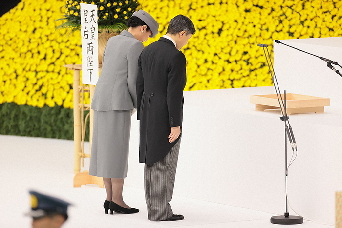 78th End of War Memorial Ceremony at the Budokan Their Majesties the Emperor and Empress observe a moment of silence at the National War Memorial Ceremony at the Nippon Budokan at noon on August 15, 2023.