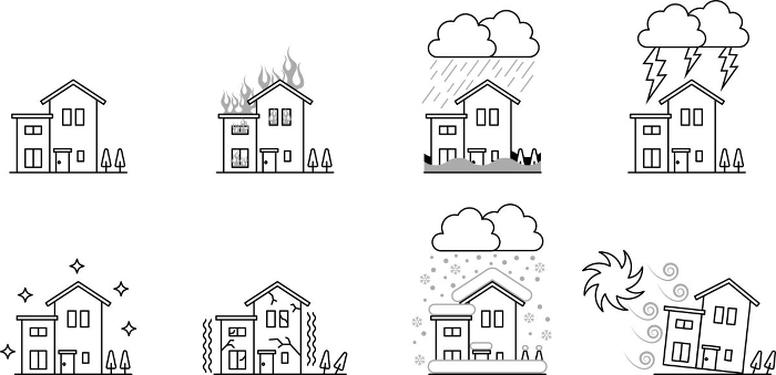 Clip art set of black-and-white house undergoing disaster