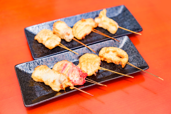 Osaka's famous kushikatsu (skewered pork cutlets).